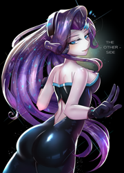 Size: 800x1113 | Tagged: safe, artist:tzc, character:rarity, episode:the other side, g4, my little pony: equestria girls, my little pony:equestria girls, ass, back, barrette, bedroom eyes, breasts, busty rarity, butt, clothing, dress, female, gloves, hairclip, hairpin, looking at you, looking back, looking back at you, rearity, sexy, shiny, skintight clothes, smiling, solo, standing, stupid sexy rarity, the ass was fat, unitard, wide hips