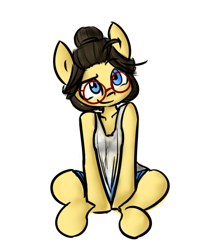 Size: 750x900 | Tagged: safe, artist:spheedc, oc, oc:sphee, species:earth pony, species:pony, clothing, digital art, female, glasses, hair bun, mare, semi-anthro, shorts, simple background, sitting, solo, wet clothes, wet shirt, white background
