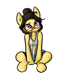 Size: 750x900 | Tagged: safe, alternate version, artist:spheedc, oc, oc:sphee, species:earth pony, species:pony, clothing, digital art, female, glasses, hair bun, mare, semi-anthro, shorts, simple background, sitting, solo, wet clothes, wet shirt, white background