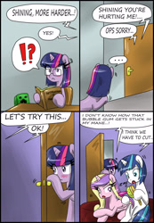 Size: 1968x2847 | Tagged: safe, artist:ciriliko, character:princess cadance, character:shining armor, character:twilight sparkle, species:pony, ..., bait and switch, blushing, book, brushing, bubblegum, comic, creeper, dialogue, fake out, female, food, glasses, grammar error, gum, innuendo, male, mare, minecraft, open mouth, speech bubble, stallion, twibitch sparkle, zas