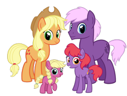 Size: 2592x1944 | Tagged: safe, artist:thecheeseburger, character:applejack, oc, parent:applejack, unnamed oc, species:earth pony, species:pony, applecrush, family, female, filly, food, grapes, group, looking at you, male, mare, next generation, offspring, parent:welch, parents:welchjack, shipping, simple background, smiling, stallion, straight, transparent background, welch, welchjack