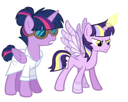 Size: 1800x1440 | Tagged: safe, artist:thecheeseburger, character:twilight sparkle, character:twilight sparkle (alicorn), character:twilight sparkle (scitwi), oc, species:alicorn, species:pony, alicorn oc, alternate universe, amputee, augmented, broken horn, clothing, female, goggles, hair bun, horn, lab coat, mad scientist, magic, male, mare, prosthetic limb, prosthetic wing, prosthetics, scitwilicorn, simple background, stallion, transparent background, yellow eyes