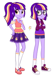 Size: 1872x2664 | Tagged: safe, artist:thecheeseburger, oc, oc only, oc:sundown twinkle, my little pony:equestria girls, alternate universe, clothing, converse, female, glasses, orange eyes, ponytail, purple hair, shoes, simple background, transparent background