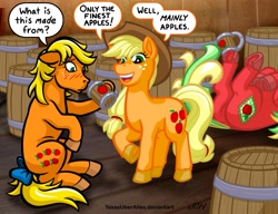 Size: 937x720 | Tagged: safe, artist:texasuberalles, character:applejack, character:applejack (g1), species:earth pony, species:pony, g1, g3, g4, my little pony 'n friends, 35th anniversary, alcohol, applejack (g3), applejack's hat, barrel, bow, clothing, colored hooves, cowboy hat, dialogue, discworld, drunk, female, freckles, frog (hoof), g1 to g4, g3 to g4, generation leap, generational ponidox, hat, hoof hold, horseshoes, mare, mug, on back, open mouth, ponidox, raised hoof, speech bubble, tail bow, underhoof