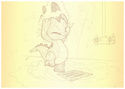 Size: 1042x737 | Tagged: safe, artist:sherwoodwhisper, character:spike, species:dragon, baby, baby dragon, bathing, bubble, claws, cute, drain, eyes closed, fangs, knob, male, shower, signature, simple background, smiling, soap, solo, spikabetes, suds, water