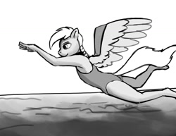 Size: 1280x989 | Tagged: safe, artist:warskunk, oc, oc only, oc:windswept skies, species:anthro, species:pegasus, species:pony, anthro oc, black and white, braid, clothing, collar, crossdressing, diving, grayscale, male, monochrome, one-piece swimsuit, solo, stallion, swimsuit