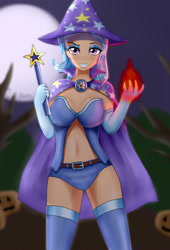 Size: 1360x2000 | Tagged: safe, artist:focusb, character:trixie, species:human, breasts, busty trixie, cape, clothing, female, fire, full moon, halloween, hat, holiday, humanized, jack-o-lantern, looking at you, moon, pumpkin, solo, spell, trixie's cape, trixie's hat, wand