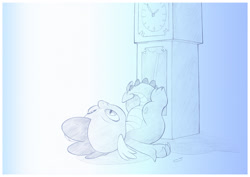 Size: 1042x737 | Tagged: safe, artist:sherwoodwhisper, character:spike, species:dragon, clock, do you want to build a snowman, lying down, male, pencil drawing, solo, traditional art