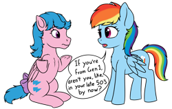 Size: 2669x1700 | Tagged: safe, artist:zippysqrl, derpibooru original, character:firefly, character:rainbow dash, species:pegasus, species:pony, g1, g4, my little pony 'n friends, 35th anniversary, bow, breaking the fourth wall, chest fluff, dialogue, duo, female, folded wings, g1 to g4, generation leap, generational ponidox, looking at each other, mare, ponidox, shrug, shrugpony, simple background, speech bubble, tail bow, transparent background, underhoof, wings