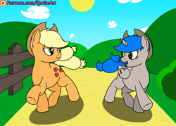 Size: 1400x1000 | Tagged: safe, artist:spritepony, character:applejack, oc, oc:sprite, species:alicorn, species:earth pony, species:pony, alicorn oc, applejack day, applejack's hat, clothing, cowboy hat, freckles, hat, patreon, patreon link, patreon logo, racing, running, sweet apple acres