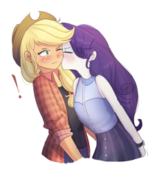 Size: 1157x1273 | Tagged: safe, artist:tcn1205, commissioner:raritybro, character:applejack, character:rarity, species:human, ship:rarijack, my little pony:equestria girls, blushing, clothing, cute, dawwww, exclamation point, eyes closed, female, humanized, jackabetes, kiss on the cheek, kissing, lesbian, one eye closed, pony coloring, raribetes, shipping, simple background, skirt, white background