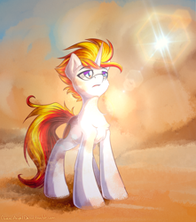Size: 2300x2600 | Tagged: safe, artist:chaosangeldesu, oc, oc only, species:pony, species:unicorn, commission, desert, lens flare, male, solo