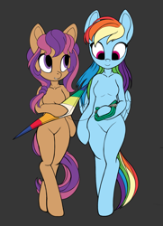 Size: 1271x1760 | Tagged: safe, artist:lunebat, character:rainbow dash, character:scootaloo (g3), species:anthro, species:earth pony, species:pegasus, species:pony, species:unguligrade anthro, 35th anniversary, arm hooves, barbie doll anatomy, breasts, featureless breasts, featureless crotch, female, kite, looking at something, mare, semi-anthro, simple background, smiling
