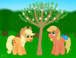 Size: 1500x1151 | Tagged: safe, artist:phallen1, derpibooru original, character:applejack, character:applejack (g1), species:earth pony, species:pony, 35th anniversary, apple tree, blossom, bow, duo, duo female, female, freckles, generational ponidox, orchard, ponidox, tail bow, tree