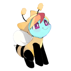 Size: 416x417 | Tagged: safe, artist:dusty-munji, character:rainbow dash, species:pegasus, species:pony, animal costume, bee, bee costume, blush sticker, blushing, chibi, clothing, costume, cute, dashabetes, dawwww, female, looking up, mare, simple background, smiling, solo, weapons-grade cute, white background