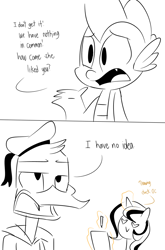 Size: 800x1214 | Tagged: safe, artist:emositecc, character:spike, oc, oc:color cream, clothing, crossover, donald duck, duck tales 2017, ducktales, grayscale, hat, monochrome, paper, sailor hat