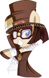 Size: 572x903 | Tagged: safe, artist:pepooni, oc, oc only, oc:master engineer chet, species:pony, brown mane, buck legacy, clothing, female, gem, glasses, goggles, hat, jabot, jewel, jewelry, looking at you, mare, ruff (clothing), simple background, solo, steampunk, top hat, transparent background