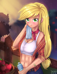 Size: 1300x1700 | Tagged: safe, artist:tcn1205, character:applejack, species:human, abs, adorasexy, apple, bandaid, basket, belly button, belt, bra, breasts, bushel basket, busty applejack, clothing, cute, female, fence, food, freckles, hair tie, humanized, jeans, looking at you, midriff, missing accessory, neckerchief, off shoulder, pants, plaid shirt, rolled up sleeves, sexy, solo, standing, sunset, sweat, tank top, tree, underwear, undressing, water bottle