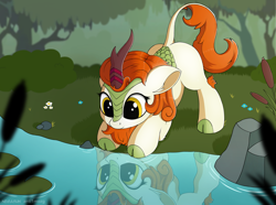 Size: 3000x2230 | Tagged: safe, artist:anti1mozg, artist:negasun, character:autumn blaze, species:kirin, episode:sounds of silence, g4, my little pony: friendship is magic, awwtumn blaze, cloven hooves, collaboration, colored hooves, cute, ear fluff, female, floppy ears, grass, leg fluff, lily pad, looking down, nature, pond, reflection, scenery, smiling, solo, water