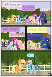 Size: 3255x4838 | Tagged: safe, artist:gutovi, character:applejack, character:fluttershy, character:pinkie pie, character:princess luna, character:rainbow dash, character:rarity, character:twilight sparkle, character:twilight sparkle (alicorn), species:alicorn, species:earth pony, species:pegasus, species:pony, species:unicorn, comic:why me!?, ship:appledash, alternate ending, blushing, comic, explicit series, female, lesbian, mane six, shipping, show accurate, sunrise, sweet apple acres
