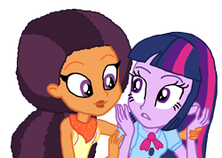 Size: 1784x1267 | Tagged: safe, artist:bigpurplemuppet99, artist:fernandash, base used, character:saffron masala, character:twilight sparkle, my little pony:equestria girls, afro, bun hairstyle, equestria girls-ified, female, lesbian, shipping, simple background, transparent background, twiffron