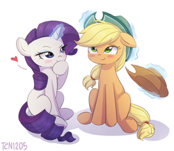 Size: 1400x1214 | Tagged: safe, artist:tcn1205, character:applejack, character:rarity, species:earth pony, species:pony, species:unicorn, ship:rarijack, episode:best gift ever, g4, my little pony: friendship is magic, clothing, cute, fedora, female, glowing horn, hat, jackabetes, lesbian, levitation, love, magic, mare, raribetes, shipping, telekinesis