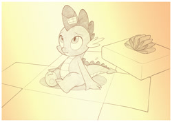 Size: 1042x737 | Tagged: safe, artist:sherwoodwhisper, character:spike, species:dragon, cute, gift wrapped, looking up, male, monochrome, present, solo, spikabetes