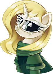 Size: 627x867 | Tagged: safe, artist:pepooni, oc, oc only, species:pony, species:unicorn, blonde, blonde hair, buck legacy, eyelashes, female, green eyes, mask, mesmer, simple background, solo, transparent background, yellow hair