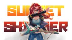 Size: 1920x1080 | Tagged: safe, artist:tzc, character:sunset shimmer, species:human, my little pony:equestria girls, badass, breasts, busty sunset shimmer, clothing, electric guitar, female, guitar, guitar pick, hair over one eye, humanized, jacket, leather jacket, looking at you, metal as fuck, midriff, name, pants, solo, sunset shredder, wallpaper