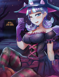 Size: 800x1040 | Tagged: safe, artist:tzc, character:twilight velvet, species:human, breasts, busty twilight velvet, cellphone, clothing, costume, female, gilf, halloween, halloween costume, humanized, looking at you, milf, night, one eye closed, pantyhose, phone, smartphone, solo, wink