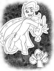 Size: 720x960 | Tagged: safe, artist:texasuberalles, part of a set, character:angel bunny, character:fluttershy, character:trixie, species:pegasus, species:pony, species:rabbit, species:unicorn, bipedal, cape, chibi, clothing, female, grayscale, hat, hoof hold, looking at you, magic trick, male, mare, monochrome, pencil drawing, traditional art, trio
