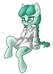 Size: 773x1074 | Tagged: safe, artist:spheedc, oc, oc only, oc:mercy leaf, species:anthro, species:bat pony, species:pony, species:unguligrade anthro, anthro oc, arm hooves, braid, breasts, cleavage, clothing, digital art, female, glasses, mare, shirt, simple background, sitting, solo, transparent background, twin braids