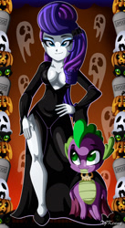 Size: 800x1462 | Tagged: safe, artist:xjkenny, character:rarity, character:spike, species:dragon, my little pony:equestria girls, absolute cleavage, beautiful, breasts, cape, cleavage, clothing, costume, dress, halloween, halloween costume, holiday