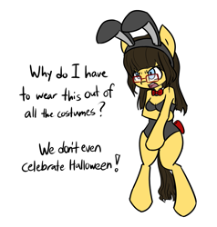 Size: 1355x1426 | Tagged: safe, artist:spheedc, oc, oc only, oc:sphee, species:earth pony, species:pony, angry, bipedal, bow tie, breasts, bunny ears, bunny suit, clothing, covering, digital art, embarrassed, female, glasses, leotard, mare, semi-anthro, simple background, solo, text, white background