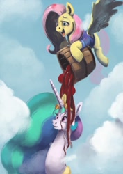 Size: 752x1063 | Tagged: safe, artist:toisanemoif, character:fluttershy, character:princess celestia, species:alicorn, species:pegasus, species:pony, barrel, cloud, duo, female, hoof hold, liquid, mare, spill, spread wings, this will end in tears and/or a journey to the moon, wings