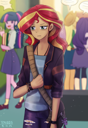 Size: 1032x1500 | Tagged: safe, artist:tcn1205, character:applejack, character:rarity, character:sunset shimmer, character:twilight sparkle, character:twilight sparkle (scitwi), species:eqg human, species:human, my little pony:equestria girls, applejack's hat, armlet, backpack, bag, bag charm, bracelet, charm, clothing, cowboy hat, cute, dialogue, digital art, female, hat, humanized, indoors, jacket, jeans, jewelry, pants, plush charm, plushie, pony coloring, school, shirt, shoes, shoulder bag, skirt, socks, speech bubble, standing, tired