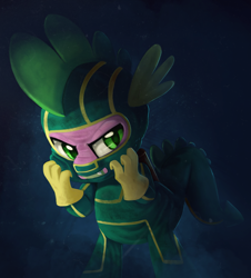Size: 2000x2215 | Tagged: safe, artist:discorded, character:spike, species:dragon, clothing, costume, crossover, eskrima sticks, kick-ass, male, solo, superhero
