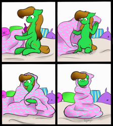 Size: 1053x1181 | Tagged: safe, artist:dyonys, oc, oc only, oc:lucky brush, species:earth pony, species:pony, blanket, comic, female, mare, pillow