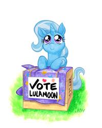 Size: 900x1125 | Tagged: safe, alternate version, artist:texasuberalles, character:trixie, species:pony, species:unicorn, box, c:, clothing, cute, diatrixes, featured on derpibooru, female, hat, leaning, looking up, mare, simple background, sitting, smiling, solo, traditional art, vote, watercolor painting, white background