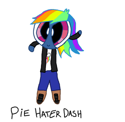 Size: 686x668 | Tagged: safe, artist:nightshadowmlp, character:evil pie hater dash, character:rainbow dash, episode:secrets and pies, g4, my little pony: friendship is magic, clothing, pants, powerpuffified, rainbow dash's cutie mark, shirt, shoes, simple background, text, the powerpuff girls, white background