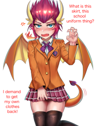 Size: 800x1040 | Tagged: safe, artist:tzc, character:smolder, species:human, anime, blushing, clothing, cross-popping veins, cute, female, fire, fire breath, horned humanization, humanized, looking at you, miniskirt, plaid skirt, pleated skirt, school uniform, simple background, skirt, skirt pull, smolderbetes, socks, solo, tailed humanization, thigh highs, white background, winged humanization, wings, zettai ryouiki