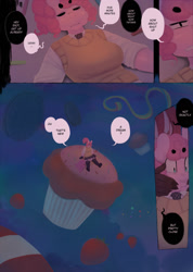 Size: 1250x1760 | Tagged: safe, artist:lumo, character:pinkie pie, species:anthro, comic:lumo's pony academy, comic, cupcake, dialogue, explicit series, food, giant cupcake, ponidox, pony academy (chapter 6), rude, self ponidox