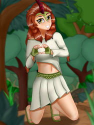 Size: 1375x1833 | Tagged: safe, artist:focusb, character:autumn blaze, species:human, episode:sounds of silence, g4, my little pony: friendship is magic, belly button, female, heart hands, humanized, looking at you, midriff, sandals, smiling, solo