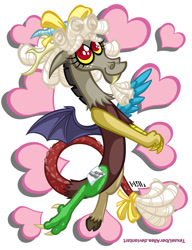 Size: 720x937 | Tagged: safe, artist:texasuberalles, character:discord, species:draconequus, bow, fake cutie mark, hair bow, heart, male, simple background, solo, white background