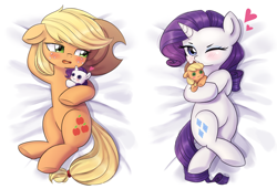 Size: 2000x1370 | Tagged: safe, artist:tcn1205, character:applejack, character:rarity, species:earth pony, species:pony, species:unicorn, ship:rarijack, blushing, body pillow, body pillow design, crossed hooves, crossed legs, cute, eyelashes, eyeshadow, female, floppy ears, freckles, hair tie, high res, horn, jackabetes, lesbian, looking at you, lying down, makeup, mare, one eye closed, open mouth, plushie, raribetes, shipping, shy, wink