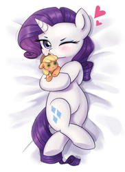Size: 1000x1370 | Tagged: safe, artist:tcn1205, character:applejack, character:rarity, species:pony, species:unicorn, blushing, body pillow, body pillow design, crossed hooves, crossed legs, cute, eyelashes, eyeshadow, female, floating heart, heart, implied lesbian, implied rarijack, implied shipping, looking at you, lying down, makeup, mare, one eye closed, open mouth, plushie, raribetes, solo, wink