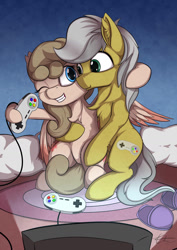Size: 1280x1811 | Tagged: safe, artist:cafecomponeis, oc, oc only, oc:may blossom, oc:quick silver, species:earth pony, species:pegasus, species:pony, carpet, controller, girlfriend, hug, pillow, playing, simple background, snes controller, super nintendo, television, video game