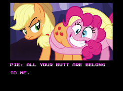 Size: 902x668 | Tagged: safe, artist:mrkat7214, edit, edited screencap, screencap, character:applejack, character:pinkie pie, species:pony, episode:shadow play, g4, my little pony: friendship is magic, all your base are belong to us, butt touch, butthug, engrish, faceful of ass, hug, meme, pinkie hugging applejack's butt