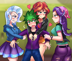 Size: 800x686 | Tagged: safe, artist:tzc, character:spike, character:starlight glimmer, character:sunset shimmer, character:trixie, species:human, ship:sparlight, ship:spixie, ship:sunsetspike, my little pony:equestria girls, ass, beanie, bisexual, blushing, canterlot high, clothing, commission, female, glimmer glutes, hallway, harem, hat, heart, hoodie, human spike, humanized, jacket, leather, leather jacket, lesbian, lockers, lucky bastard, male, midriff, miniskirt, pants, polyamory, shipping, size difference, skirt, smaller male, smiling, sparlixie, spike gets all the equestria girls, spike gets all the mares, straight