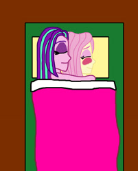Size: 1500x1865 | Tagged: safe, artist:bigpurplemuppet99, character:aria blaze, character:fluttershy, ship:ariashy, my little pony:equestria girls, bed, blushing, cuddling, female, flutterblaze, lesbian, shipping, sleepover, spooning